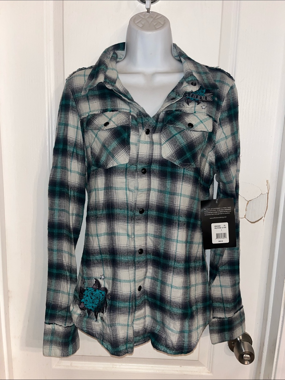 NWT Sinful by Affliction teal plaid flannel shirt embroidered winged heart rose
